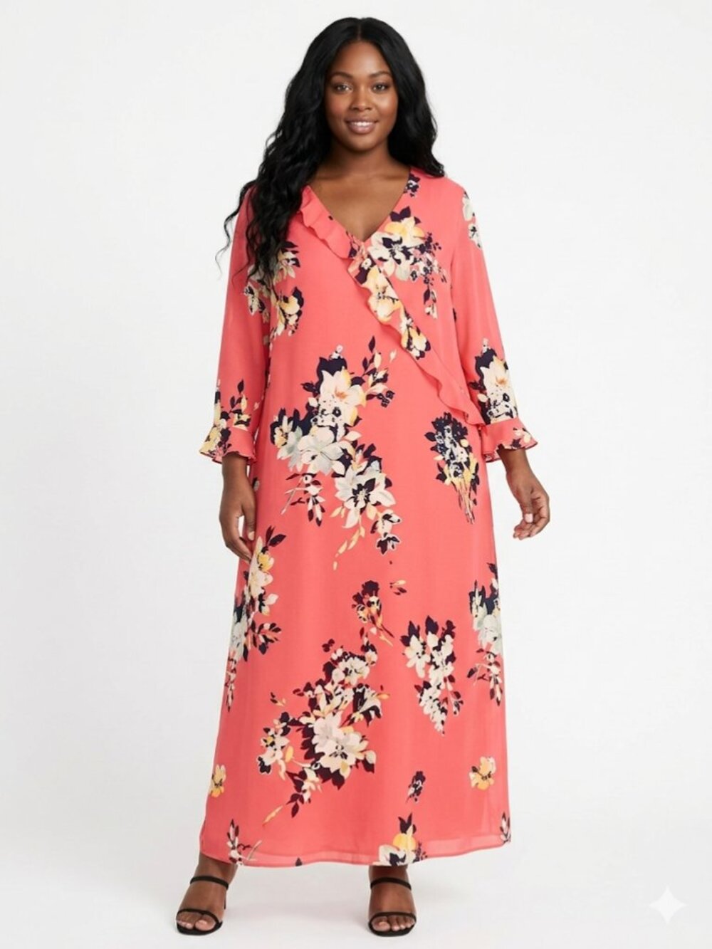 DAVID DART Women's Floral Maxi Dress Large Coral Cream Yellow Ruffled Summer